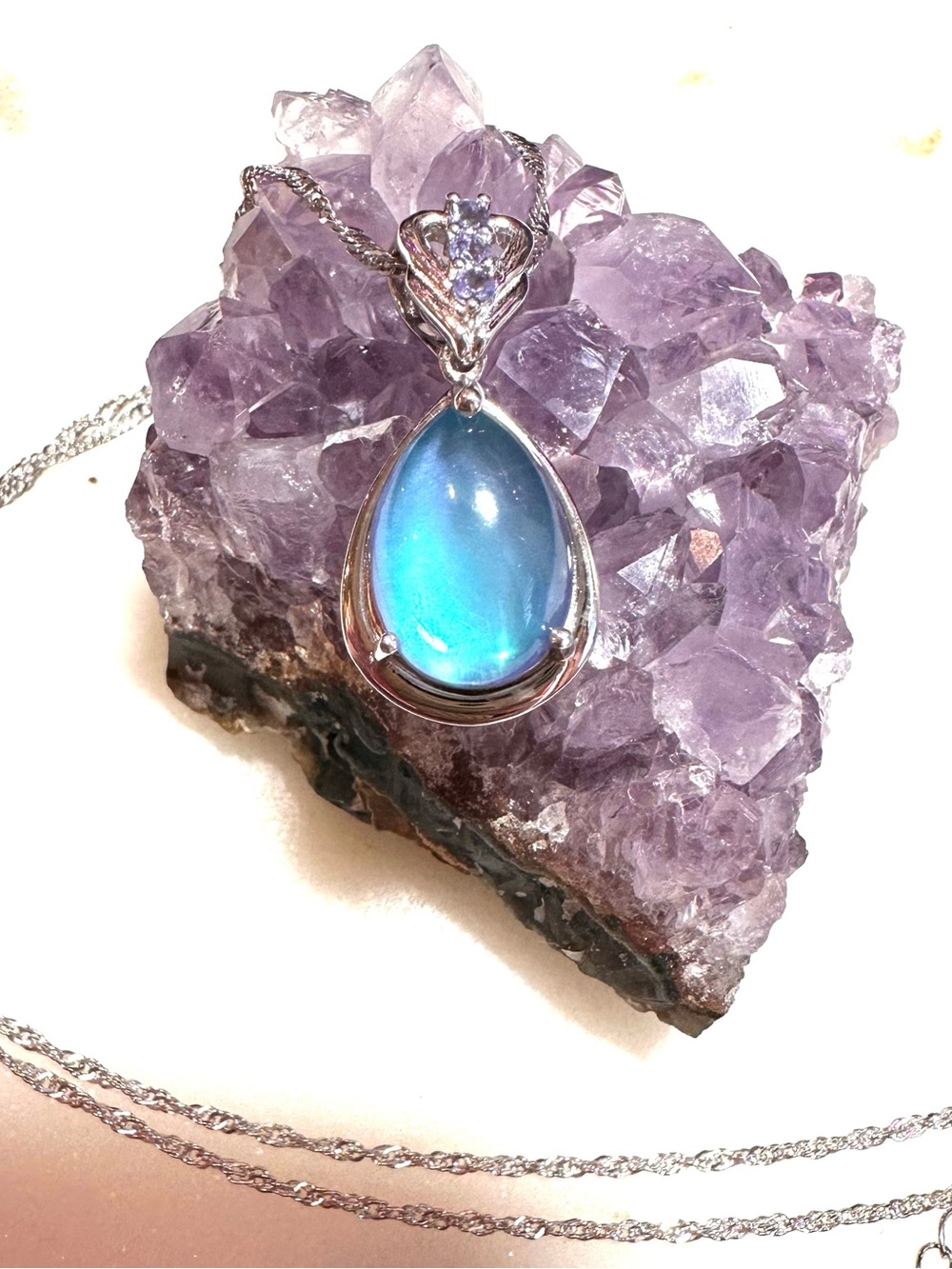 Aurora Moonstone with Blue Tanzanite Sterling Silver Pendant with Chain Necklace